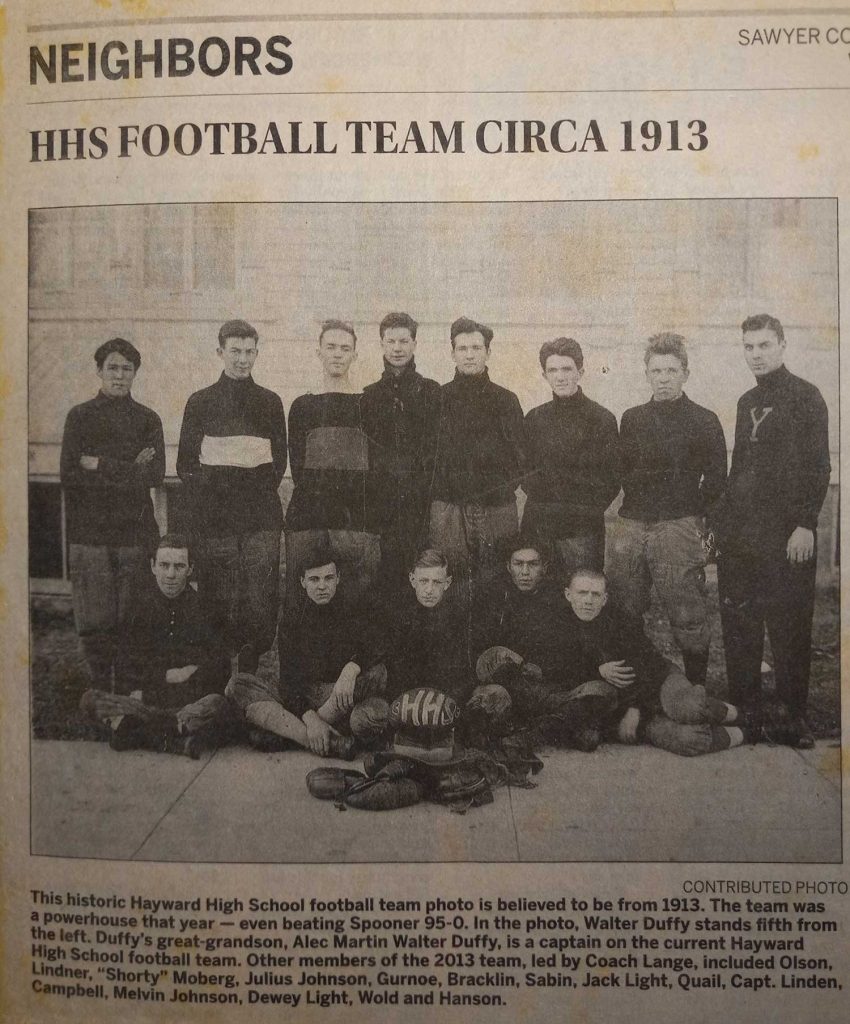 Newspaper clipping of Hayward High School 1913 Football Team. Photo Courtesy of Sylvia Bracklin-Baker.